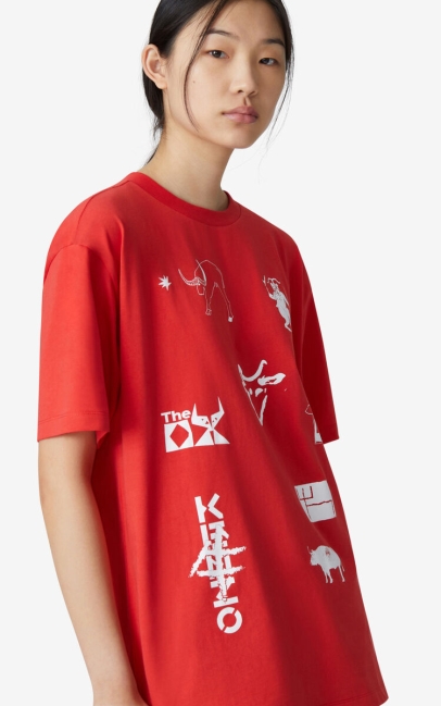 Kenzo Women 'sign & Symbol' Oversize T-shirt Medium Red